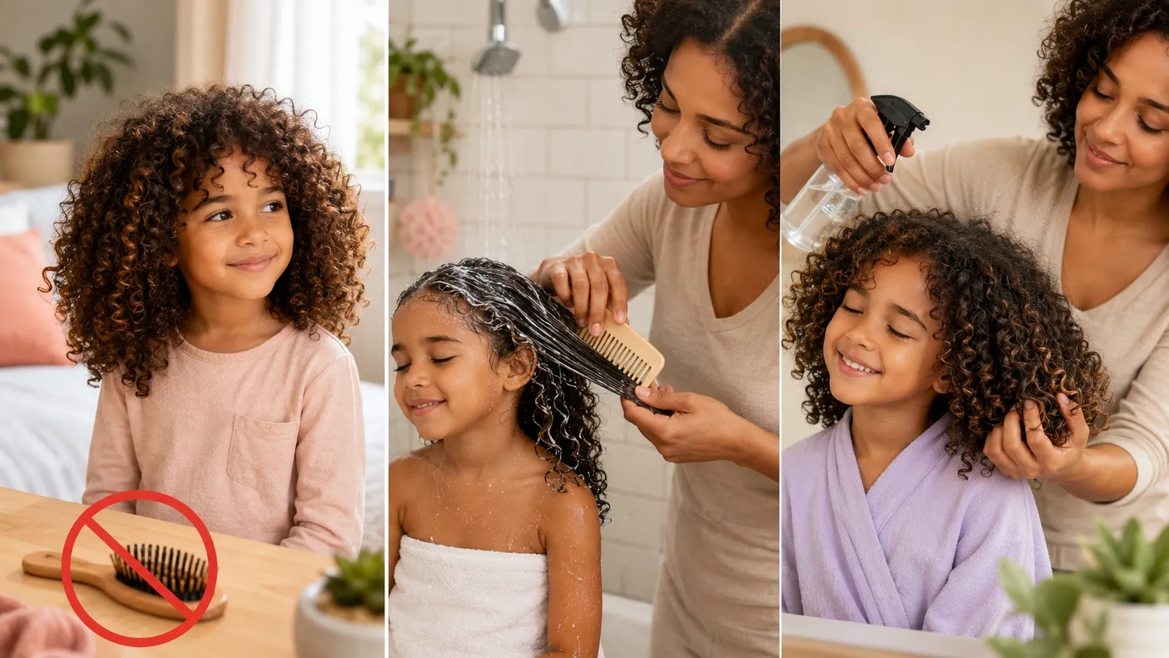 A parent helping a child with curly hair through a simple curl care routine, showing three steps: avoiding dry brushing, detangling wet curls with conditioner using a wide-tooth comb, and refreshing curls with a spray bottle while gently scrunching the hair.