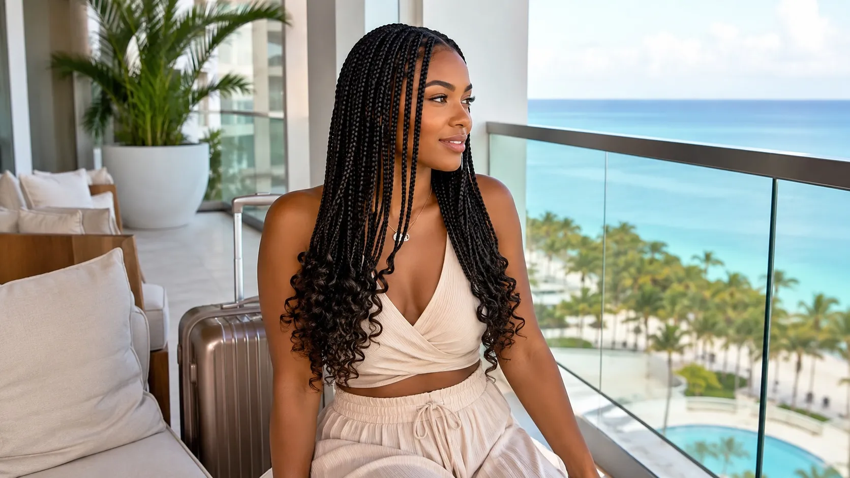 A stylish woman with long knotless box braids and curly ends sitting beside her luggage on a sunny resort balcony overlooking the ocean.