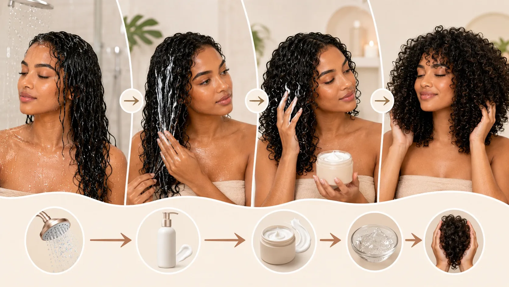 A step-by-step visual showing a woman with curly hair applying leave-in conditioner, curl cream, and styling gel to wet hair, followed by soft, defined, and bouncy curls.