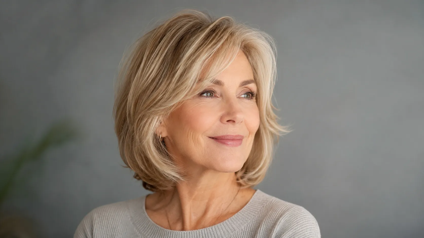 Elegant woman over 60 with a soft blonde layered lob haircut that adds volume around the cheekbones and creates a fuller appearance for fine hair.