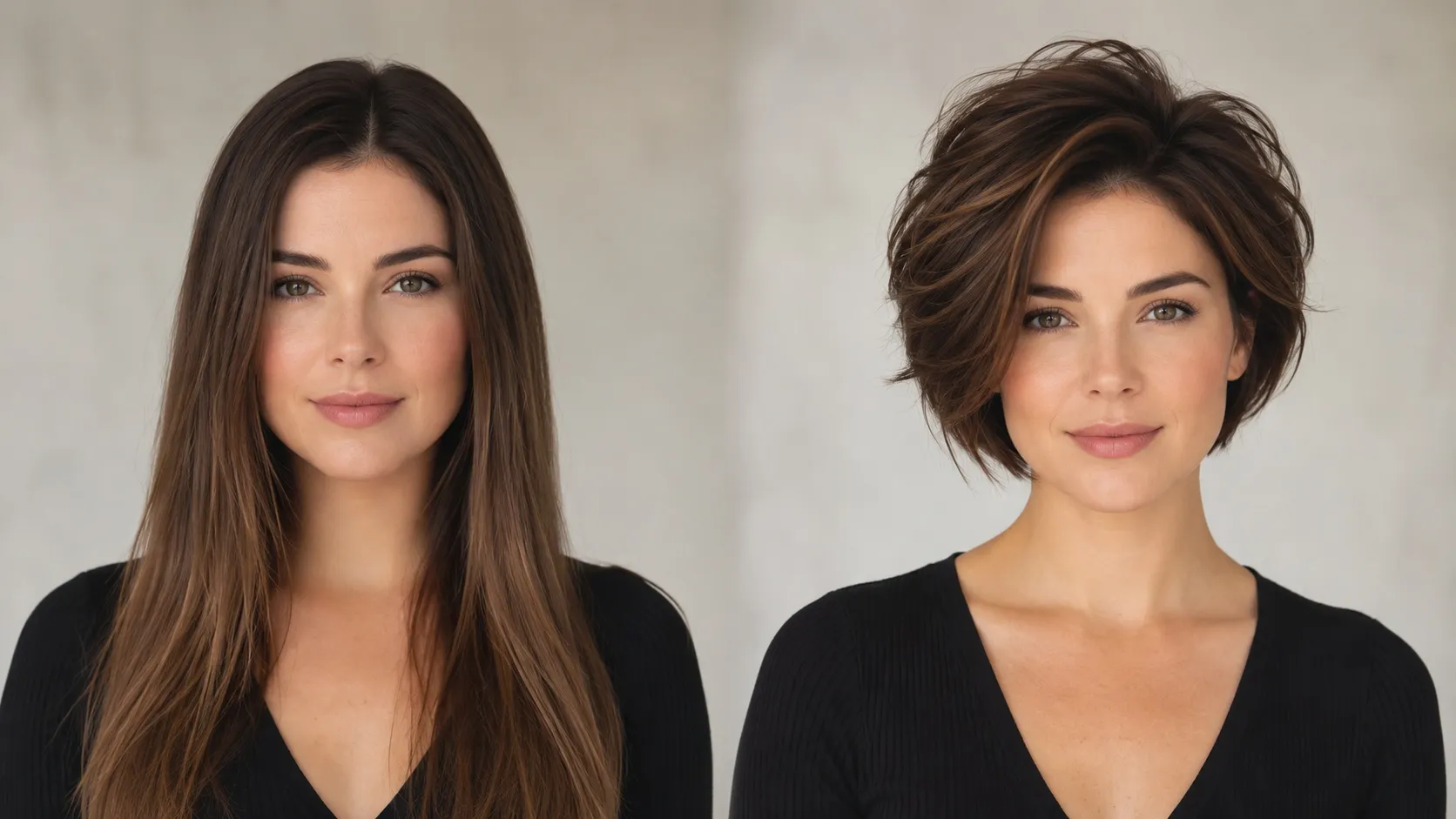 Side-by-side portrait of a woman with long, flat hair and a short layered haircut with added volume at the crown.