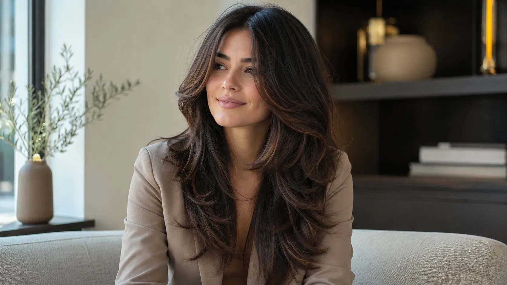 Woman with long, voluminous layered dark brown hair styled with soft face-framing layers in a modern indoor setting.