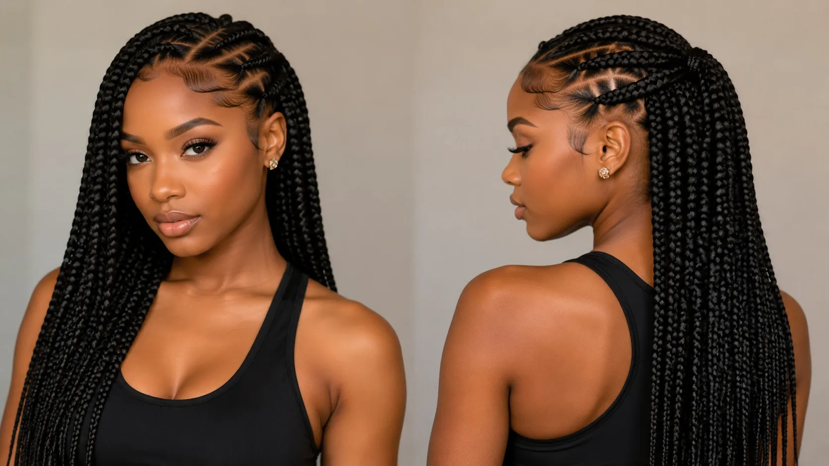Black woman wearing long protective box braids showcasing a stylish low-maintenance hairstyle for natural 4C hair texture