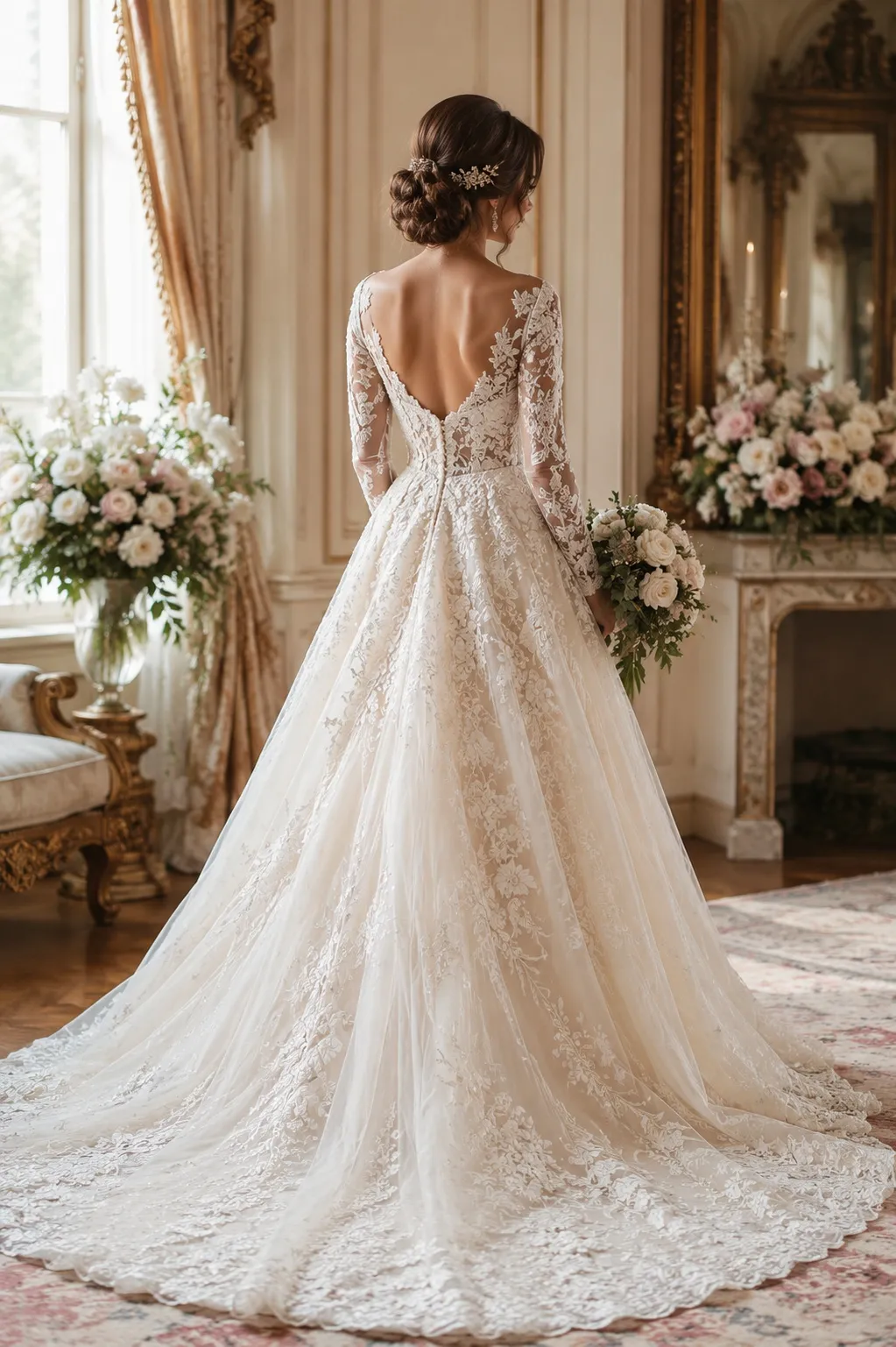 Rear full-length view of a bride standing in a luxury interior wearing an open-back lace wedding dress with her hair styled in a structured low bun.