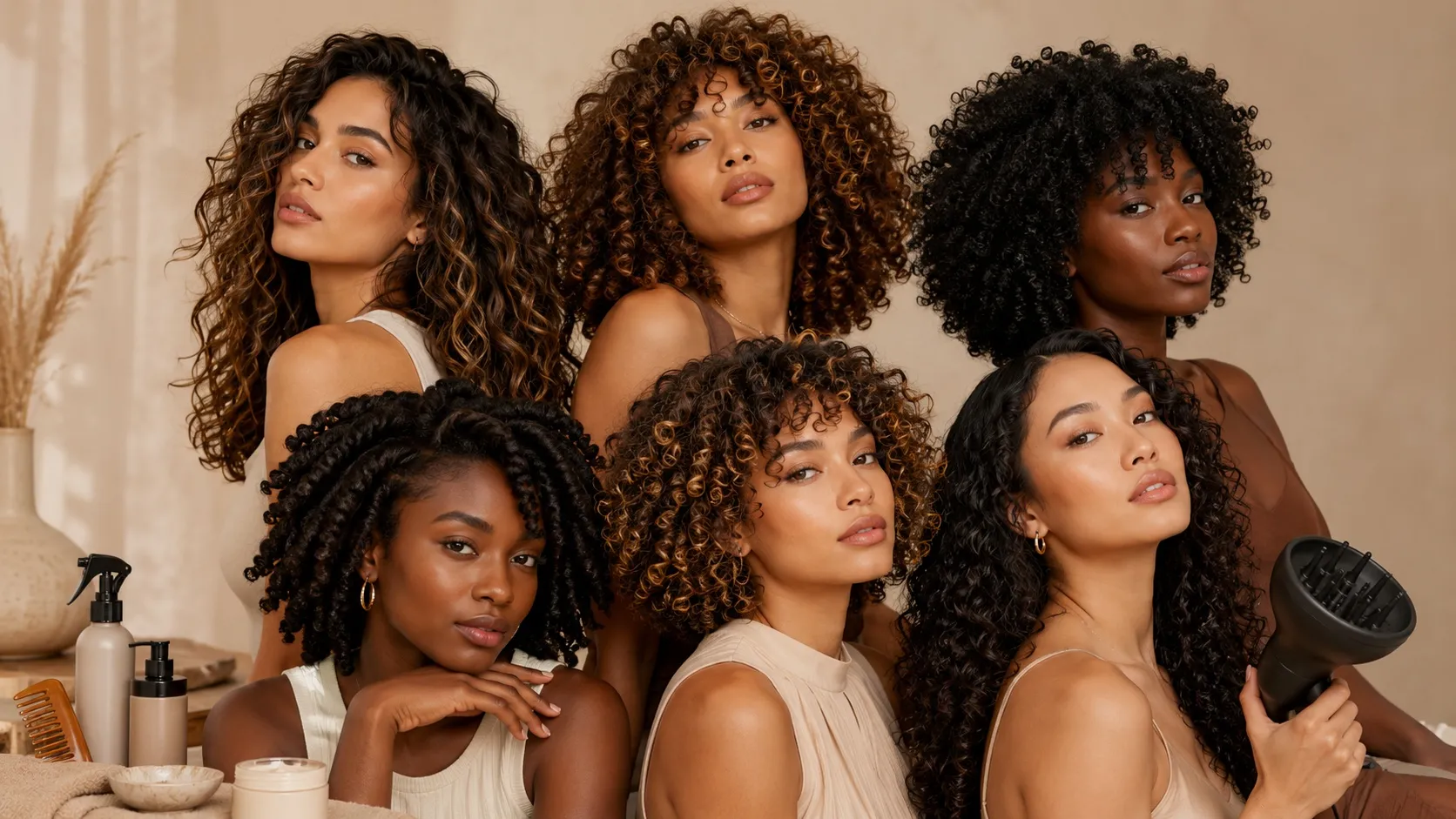 A diverse group of women showcasing different curly and textured hairstyles, including waves, curls, coils, and twists, in a modern beauty studio setting with hair-care tools and styling products.