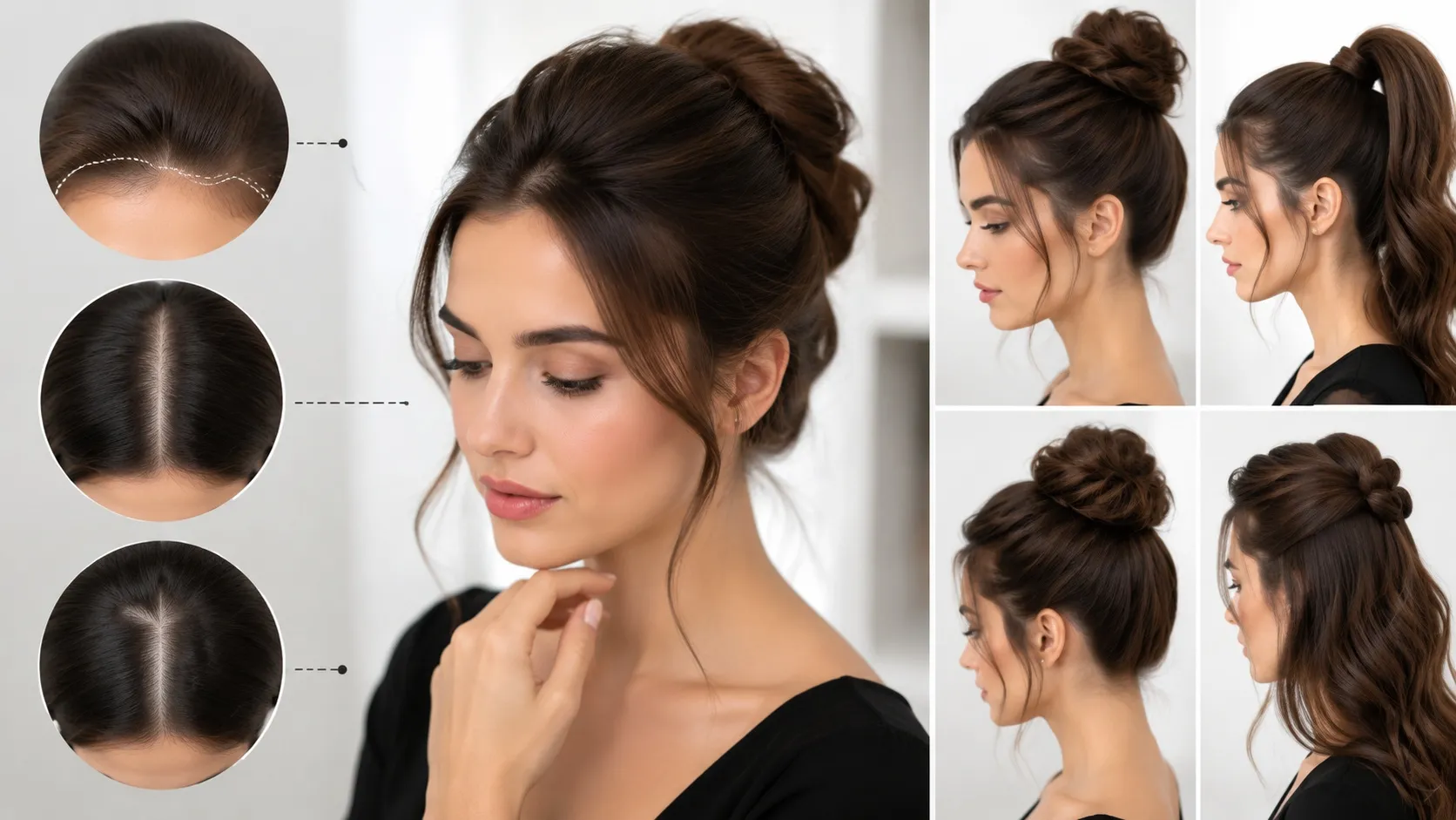 A professional beauty collage showing a woman with an elegant updo hairstyle, close-up views of different hairlines and scalp density patterns, and multiple hairstyle examples demonstrating proper styling techniques.