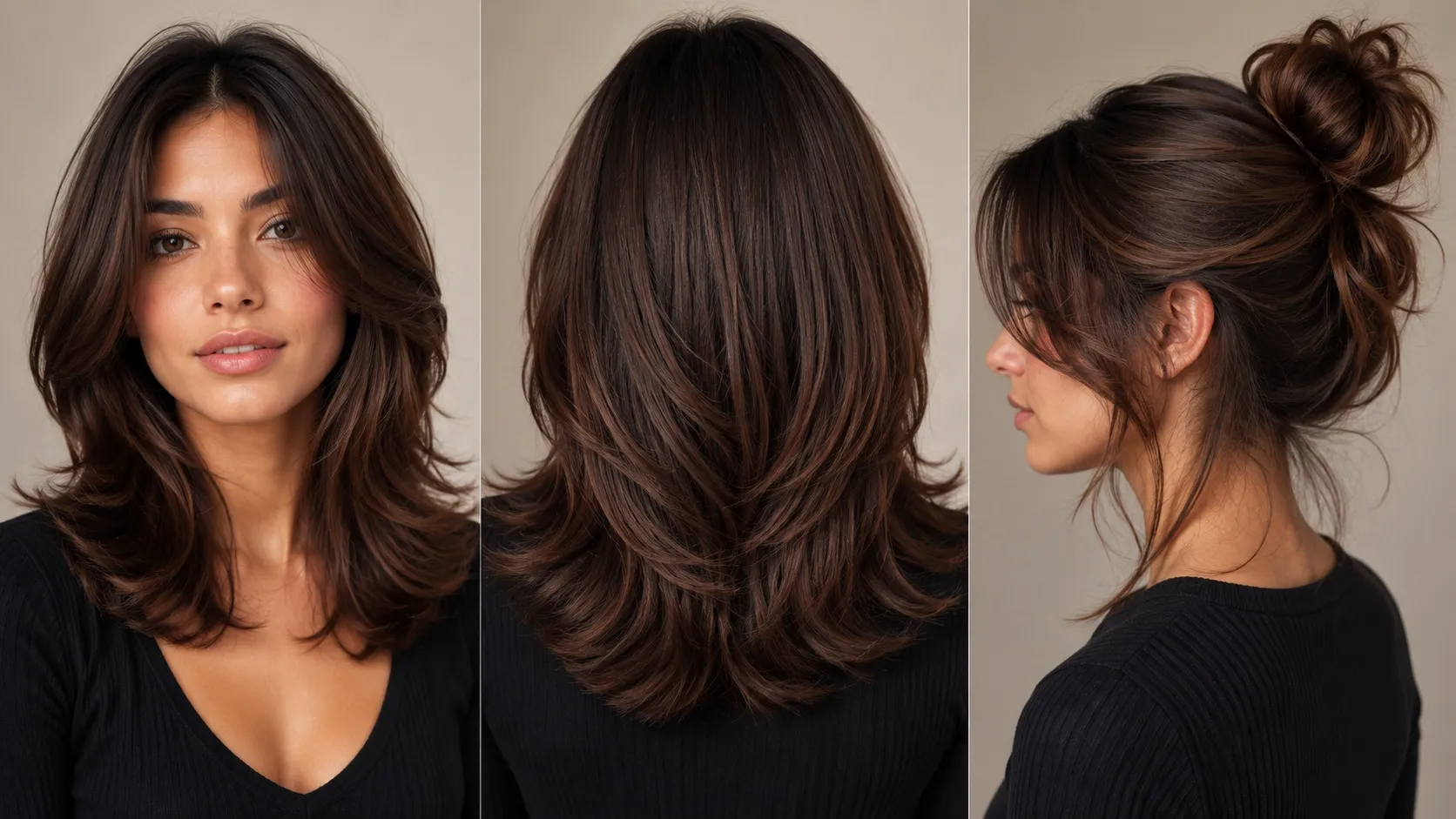 Three-view salon collage showing a woman with a medium-length layered haircut, including front, back, and messy topknot styles.