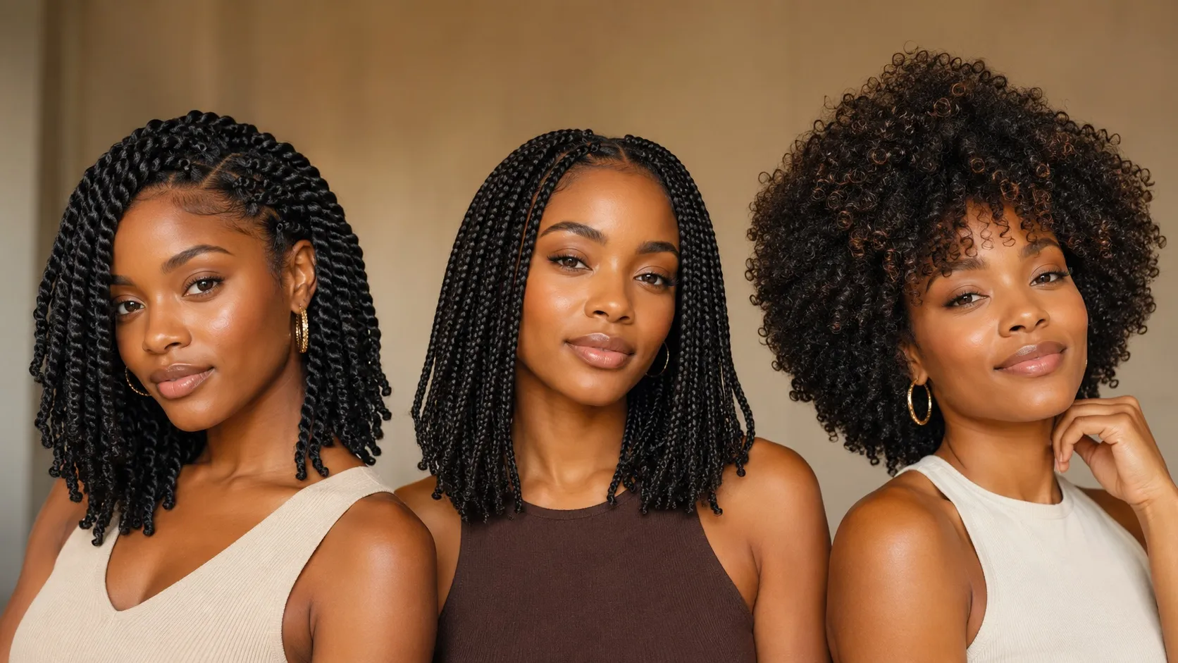Three Black women showcasing medium-length natural hairstyles: two-strand twists, defined box braids, and a voluminous curly wash-and-go.