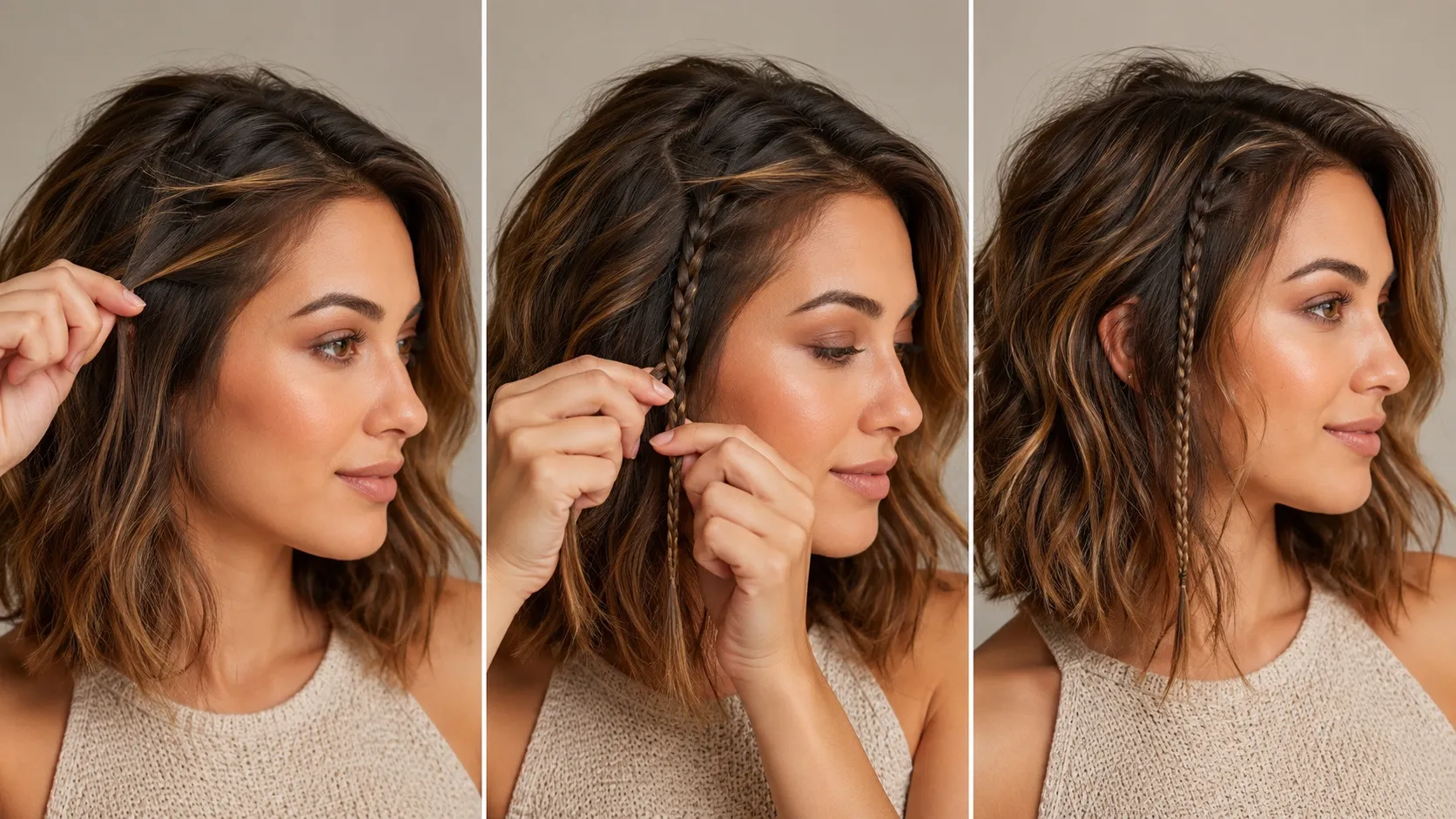 A three-panel hairstyle tutorial showing a woman sectioning hair at the temple, creating a small three-strand braid, and displaying the finished micro-temple braid.