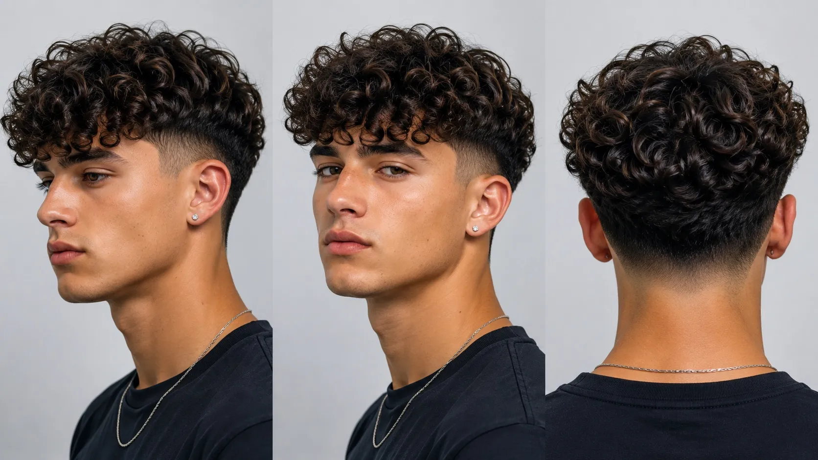Young man displaying a modern broccoli haircut with tight curls on top and a clean faded cut on the sides and back.