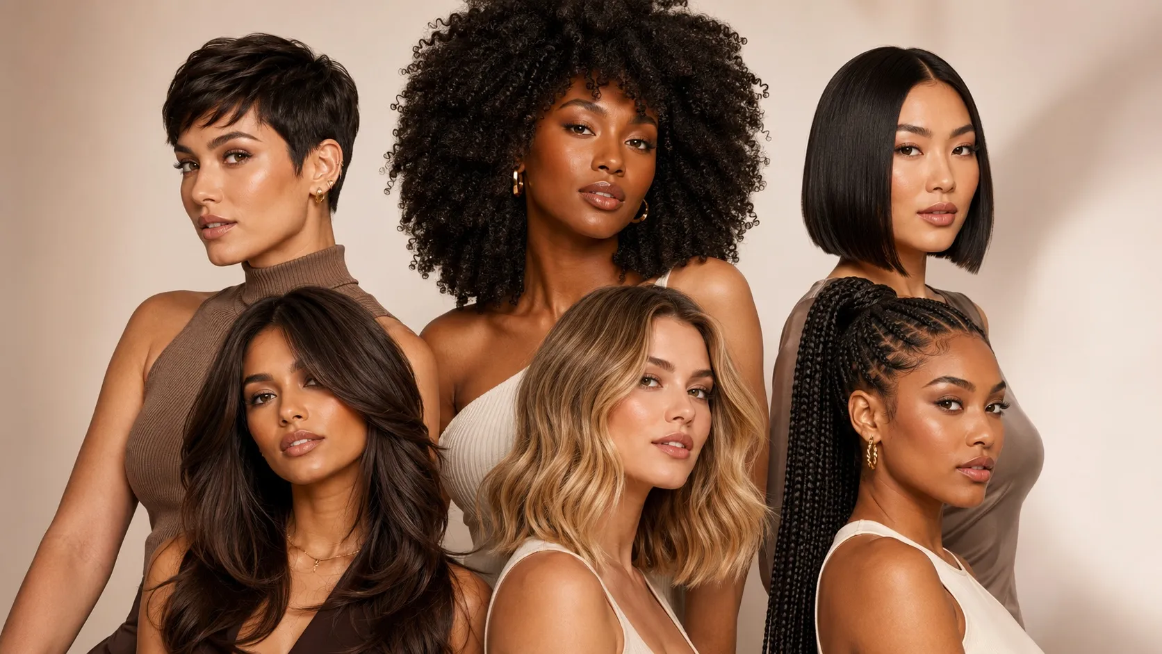 Diverse women showcasing modern hairstyles, including a pixie cut, natural curls, sleek bob, long layers, soft waves, and braided hair.