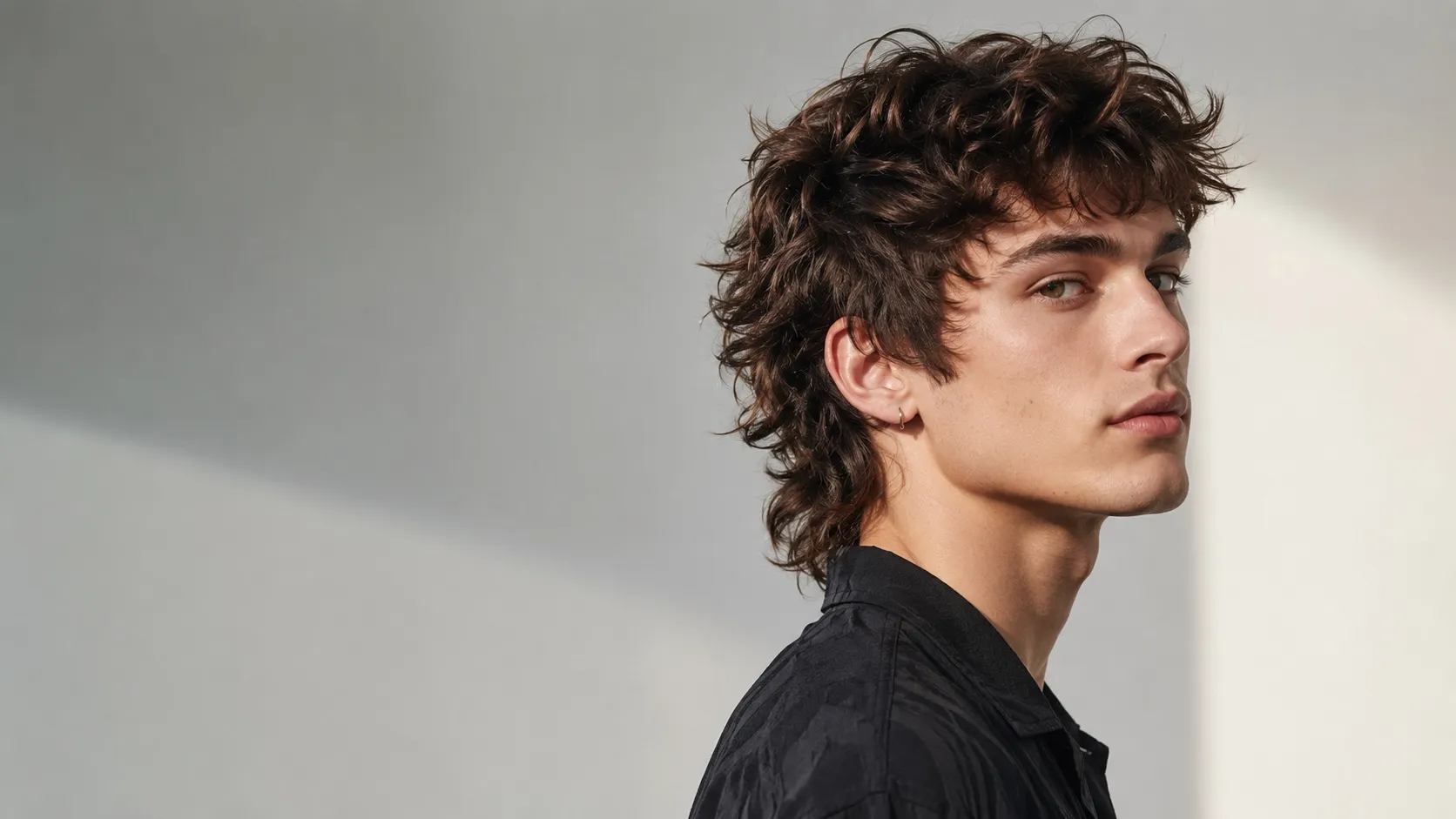 Young man with a soft, layered modern mullet hairstyle and naturally wavy dark hair.Young man with a soft, layered modern mullet hairstyle and naturally wavy dark hair.