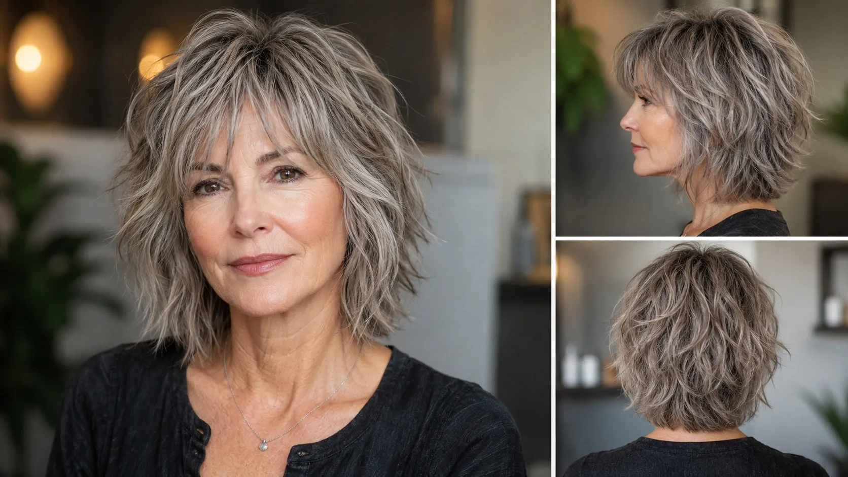 Mature woman with a modern shag haircut featuring soft choppy layers and natural wavy texture, shown from the front, side, and back.