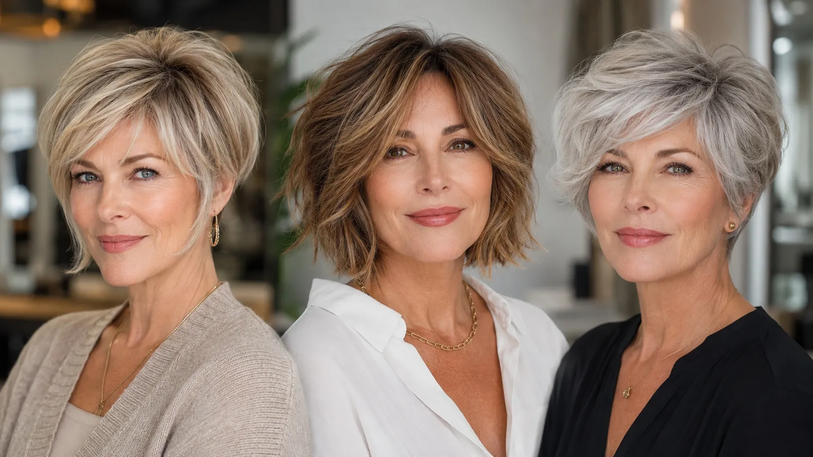 Three stylish women over 50 showcasing a soft blonde bixie, a textured brunette bob, and a voluminous silver pixie hairstyle in a modern salon setting.