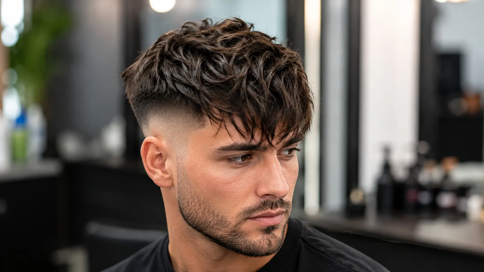 Young man with a modern textured crop haircut, messy forward-swept fringe, and a clean high skin fade in a barbershop.