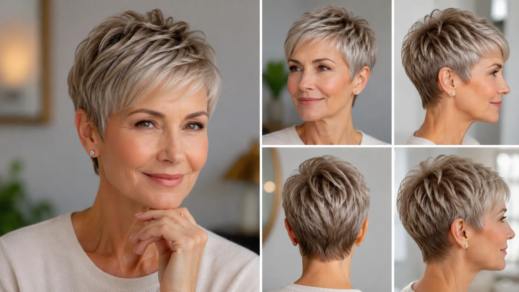 A woman with a modern textured silver pixie haircut shown from multiple angles, highlighting volume, soft layers, and a clean, flattering shape for fine or thinning hair.