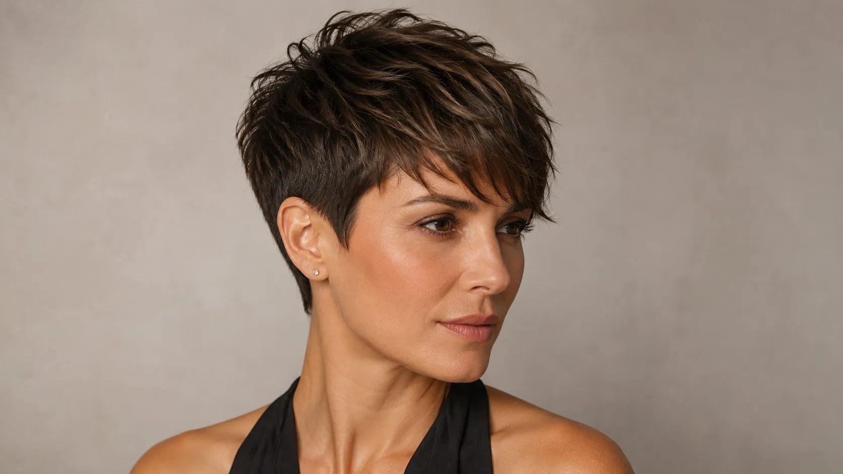 A woman with a modern dark brown textured pixie cut, featuring closely tapered sides, a voluminous layered crown, and a soft side-swept fringe.