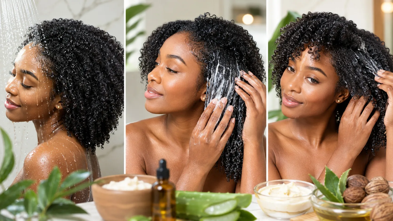 A three-panel image showing a Black woman hydrating her Type 4 natural hair with water, applying leave-in conditioner, and sealing moisture with a rich botanical cream.