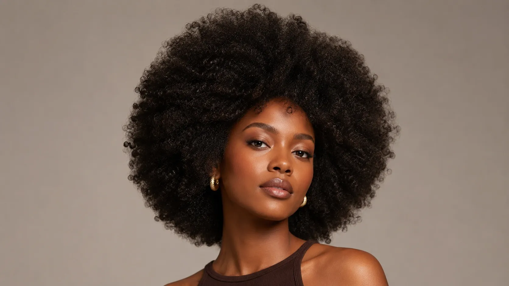 A confident woman with a large, naturally curly afro styled into a soft, rounded, and symmetrical shape against a neutral studio background.