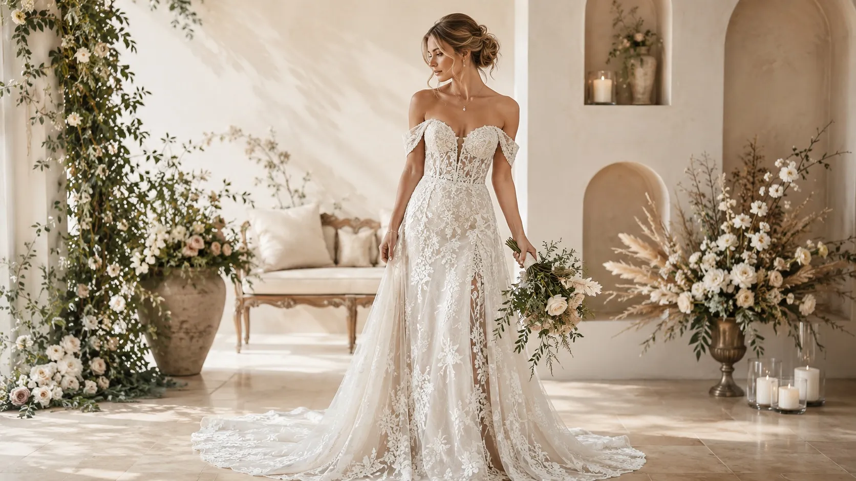 A beautiful full-length view of a bride showcasing an effortlessly romantic, textured low bun updo paired perfectly with an off-the-shoulder lace sweetheart dress.