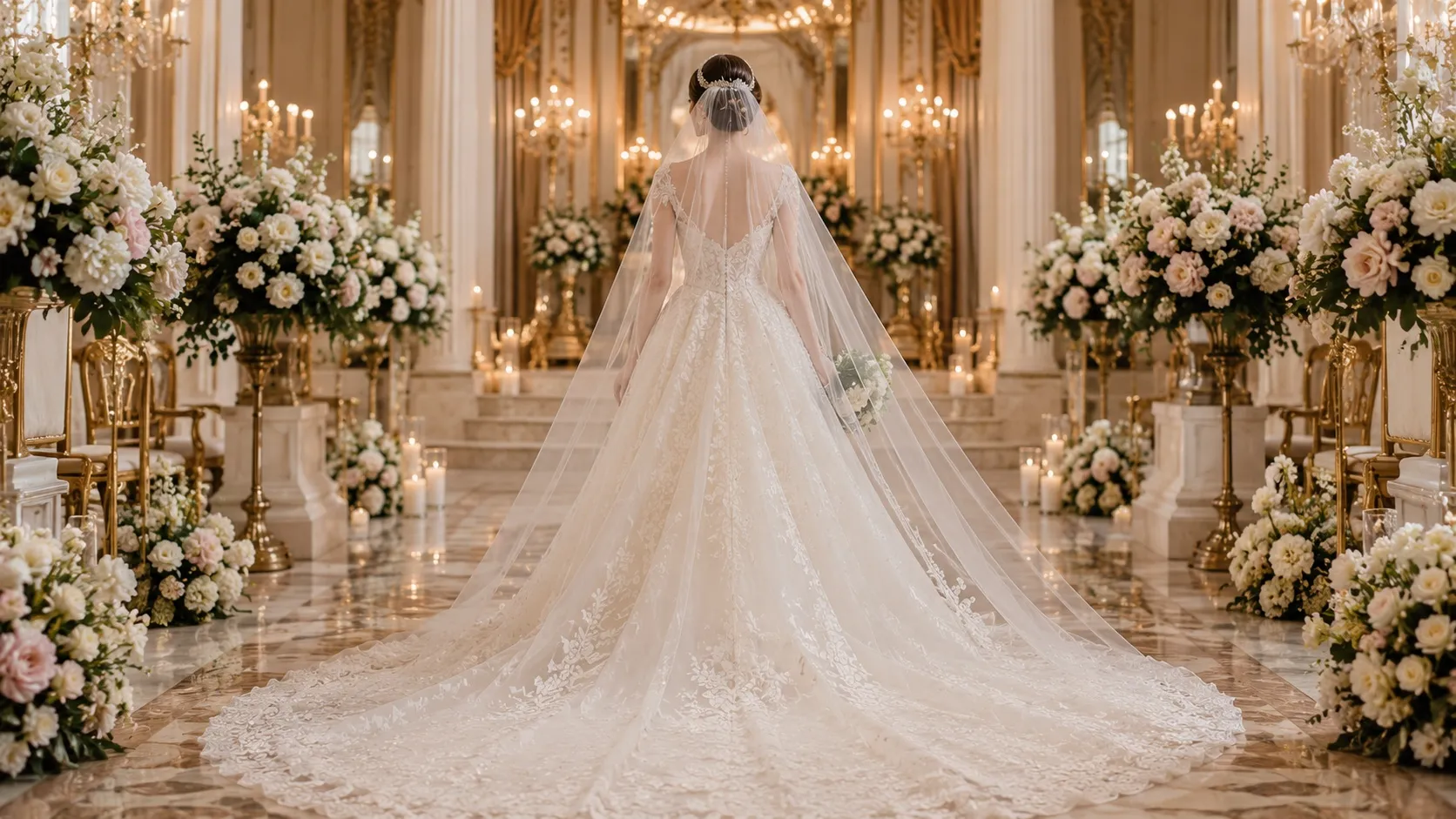 A beautiful full-length look showcasing a structured off-the-shoulder satin wedding dress with a high leg slit, perfectly paired with an elegant crown braid updo.