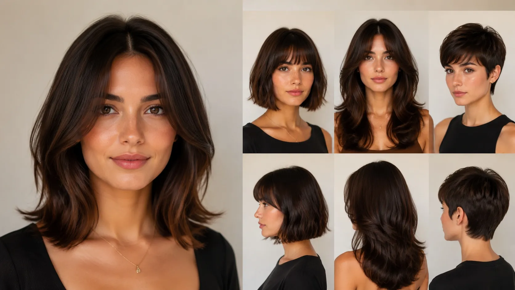 A beauty hairstyle collage showing a woman with an oval face shape wearing different flattering hairstyles, including curtain bangs, a mid-length lob, layered cuts, and short pixie styles.