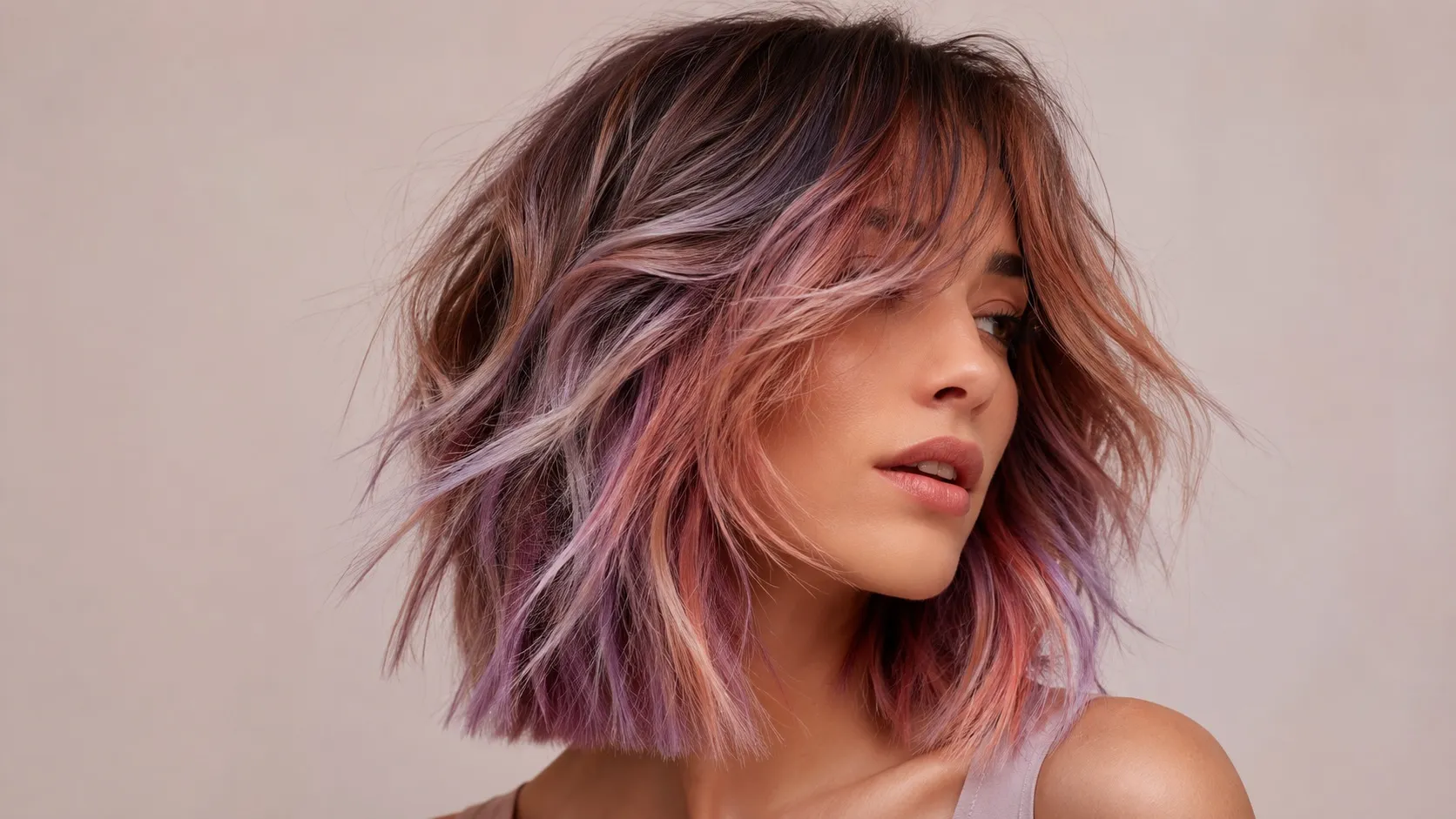Woman with a textured layered bob featuring soft lavender, peach, and muted rose-gold balayage highlights.