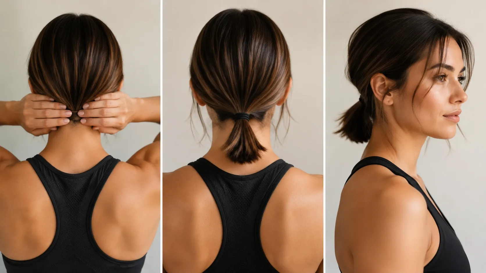 A woman with a short bob hairstyle creating a sleek low ponytail at the nape of her neck, showing the steps of gathering hair, securing it with a small tie, and leaving soft face-framing wisps.