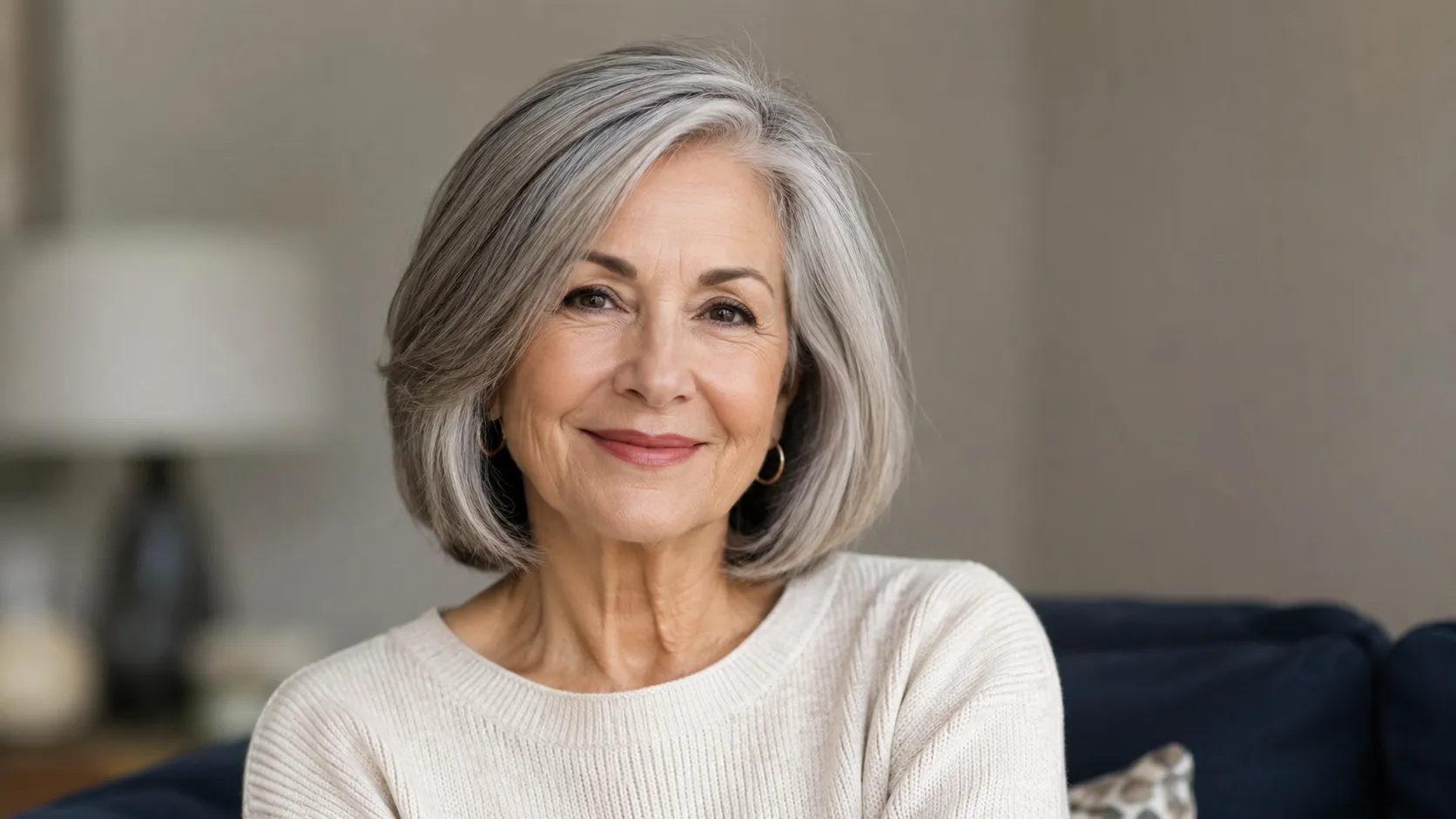 Smiling woman over 60 with a polished silver wash-and-wear bob hairstyle, wearing a cream sweater in a softly lit living room.