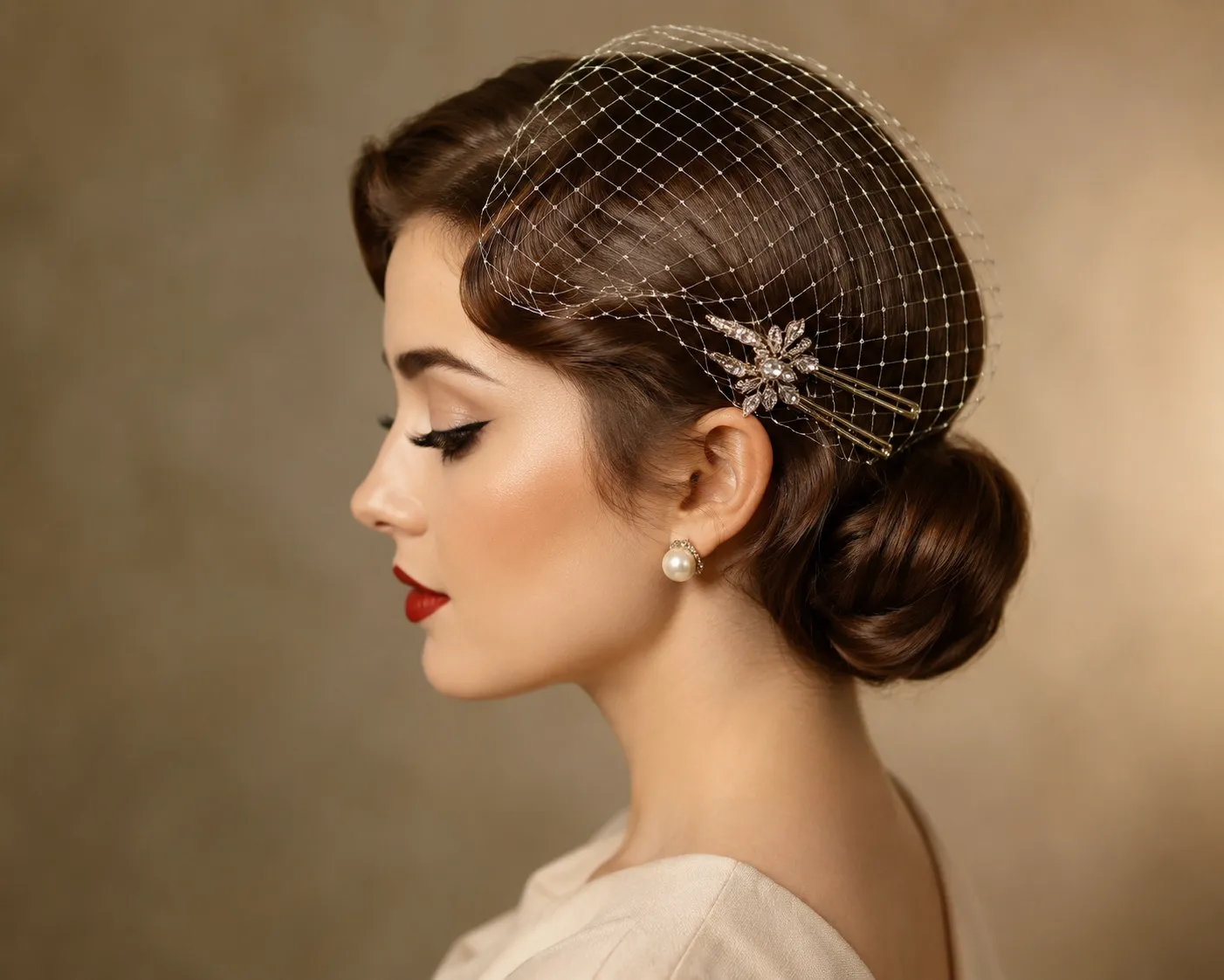 Woman wearing a vintage-inspired birdcage veil secured with decorative hairpins over a sleek side-parted low chignon hairstyle.