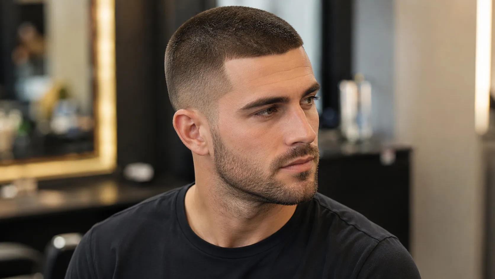 Man with a clean precision buzz cut, sharp hairline, soft side taper, and neatly trimmed beard in a modern barbershop.