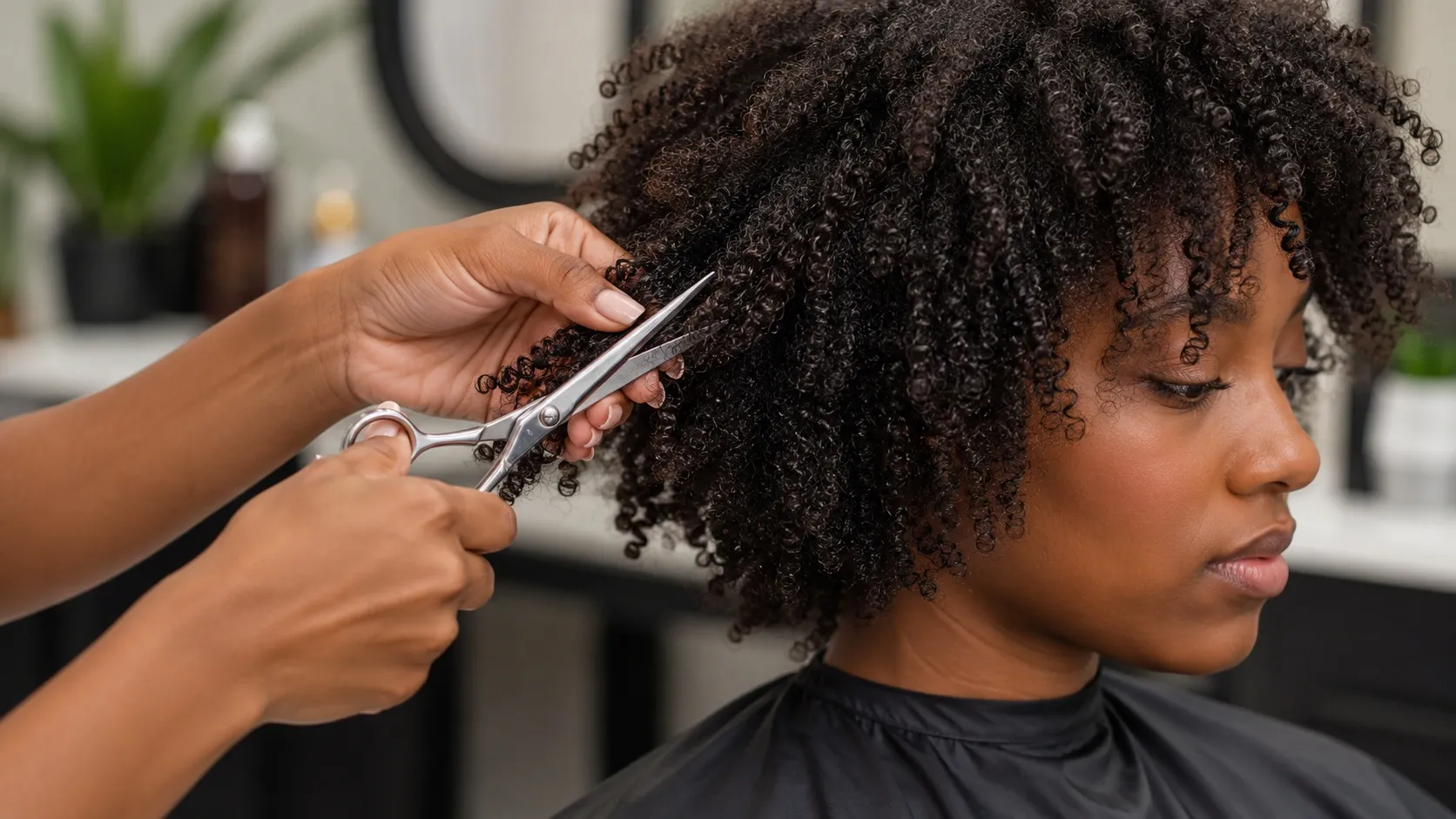 A hairstylist carefully trimming the ends of a woman’s tightly coiled natural hair in a modern salon.