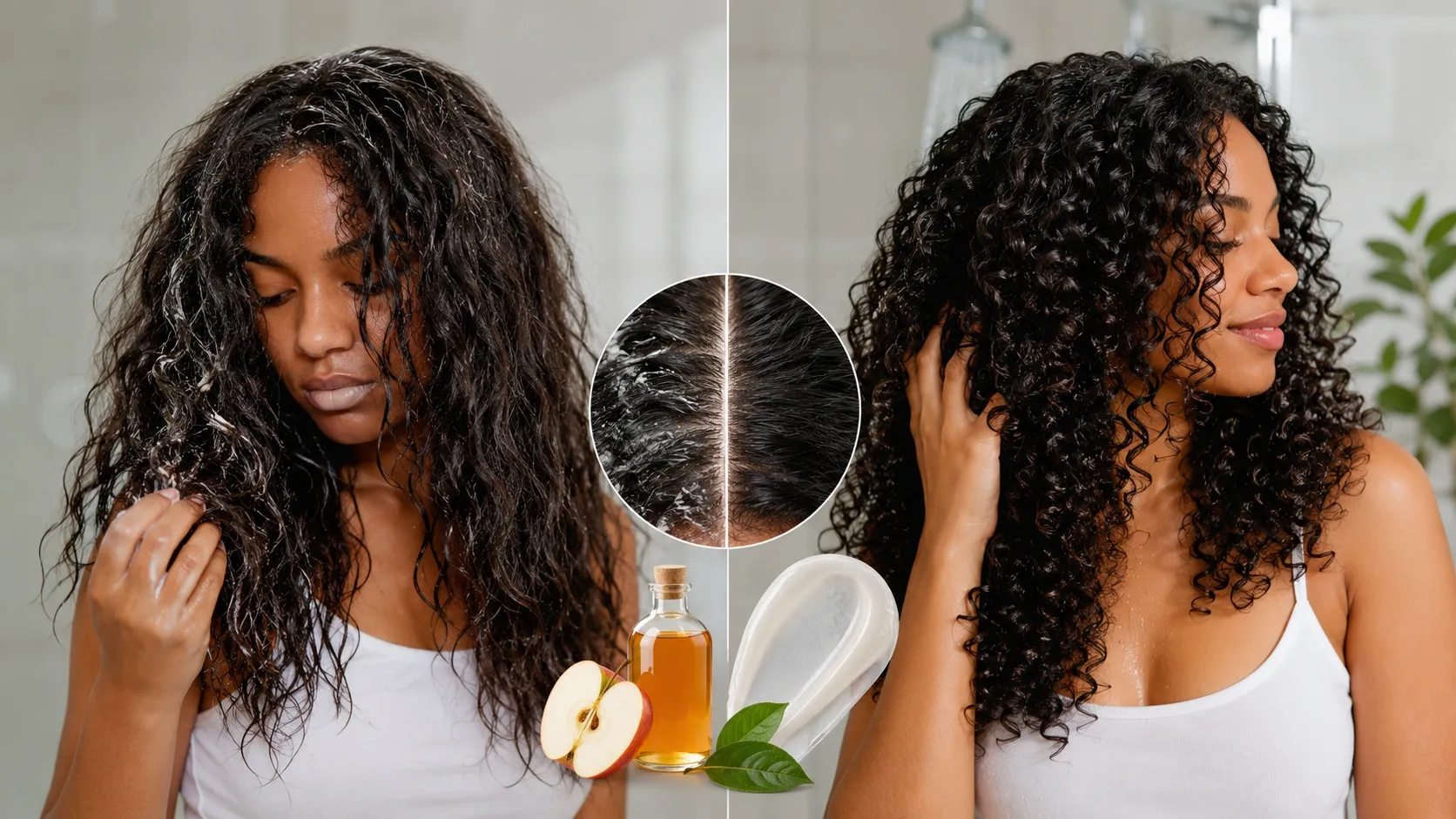 Before-and-after comparison showing flat, product-weighed curls transformed into clean, defined, and bouncy curls after using a clarifying treatment with apple cider vinegar.