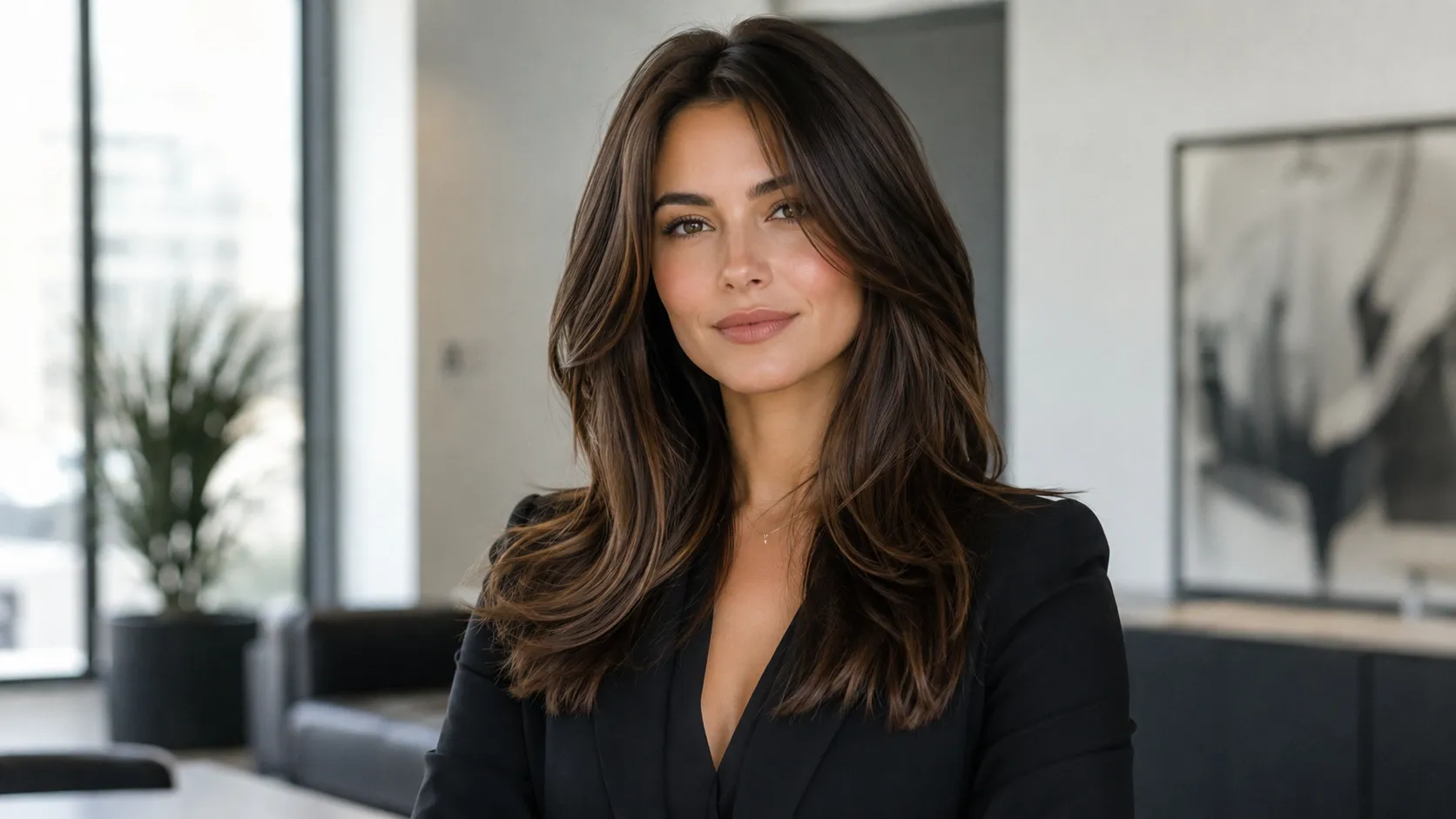 Professional woman with long brown face-framing layers that accentuate her cheekbones and jawline in a modern office setting.