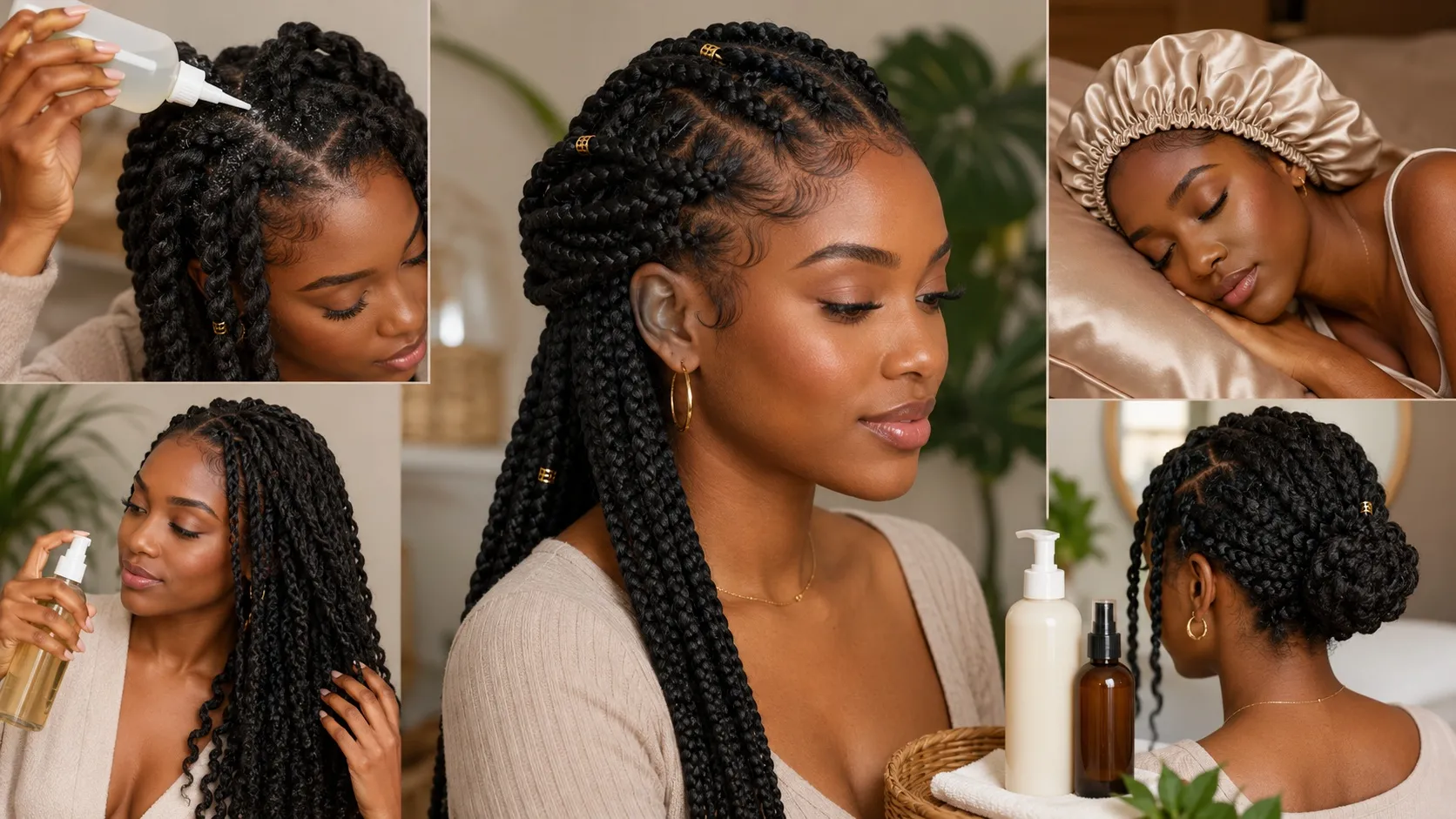 A collage showing a Black woman with healthy braided protective hairstyles, applying scalp cleanser and leave-in spray, wearing a satin bonnet, and displaying a low-tension braided updo.