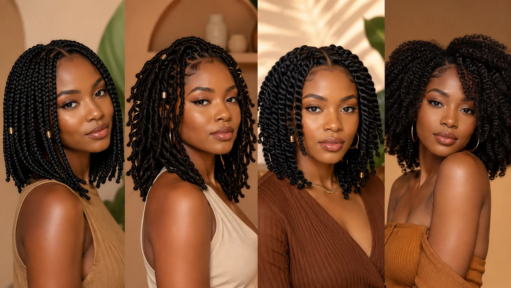 Four Black women showcasing medium-length protective hairstyles, including shoulder-length box braids, goddess locs, two-strand twists, and a voluminous twist-out.