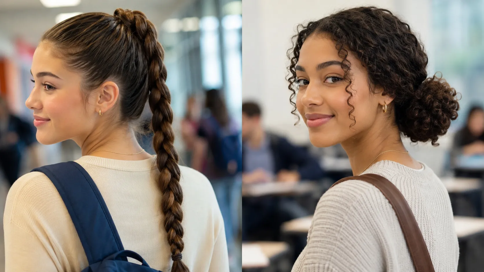 Two students in a school setting showcasing practical hairstyles: a sleek braided ponytail and a textured low bun for naturally curly hair.