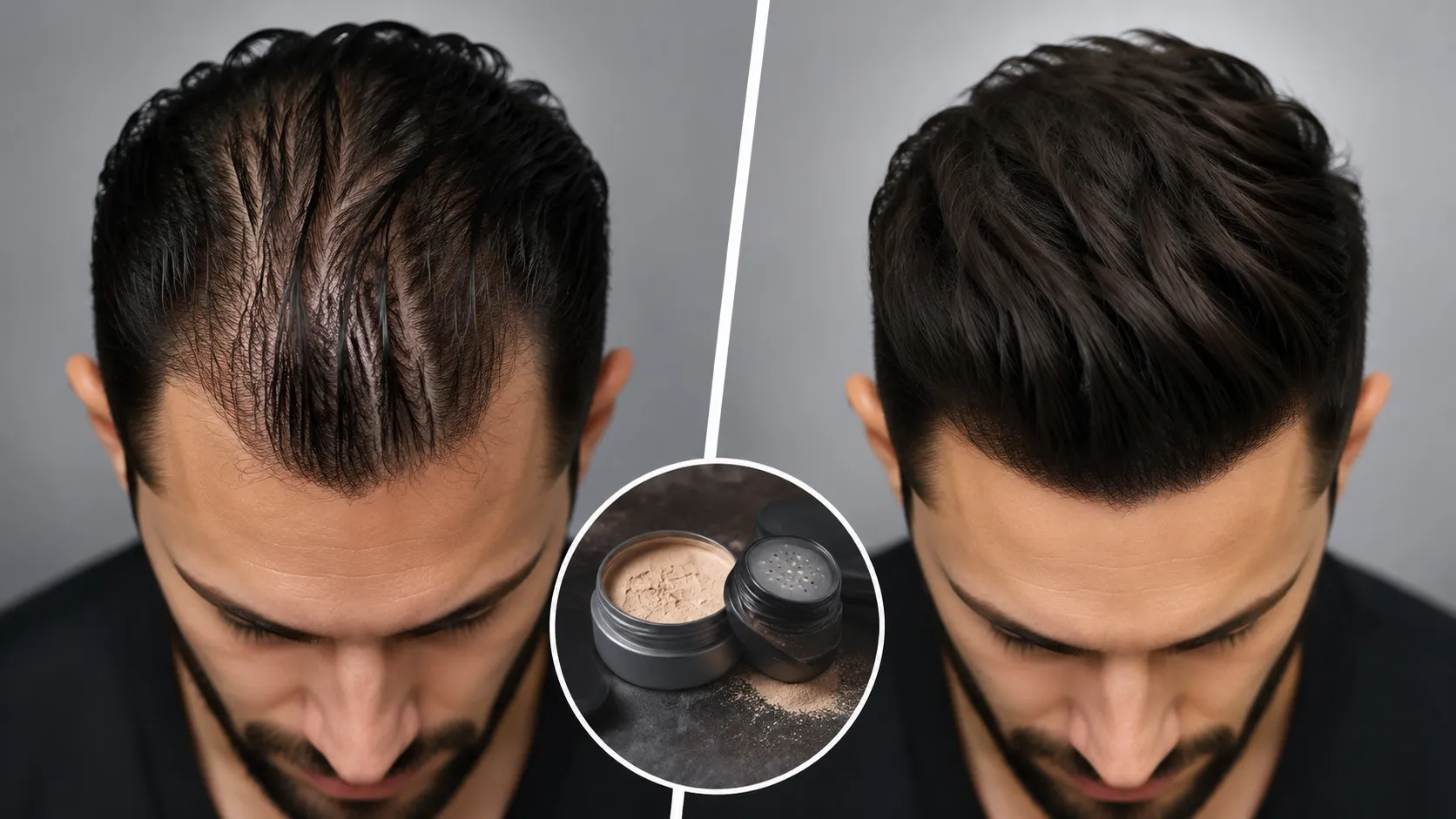 Before and after comparison showing a man with a receding hairline and thin hair transformed into a fuller, textured hairstyle using volumizing hair styling techniques.