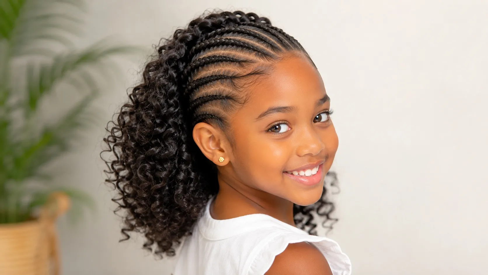 A young girl with neat scalp braids transitioning into soft, natural curly hair flowing at the back and sides, creating a stylish and practical school-friendly hairstyle.