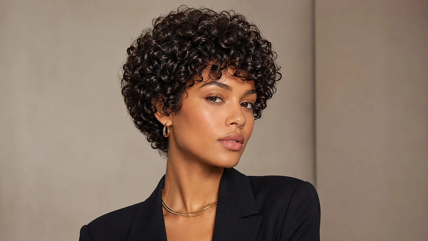 A stylish woman with thick, defined curls wearing a sculpted round pixie-bob haircut with balanced volume and a soft, rounded shape.