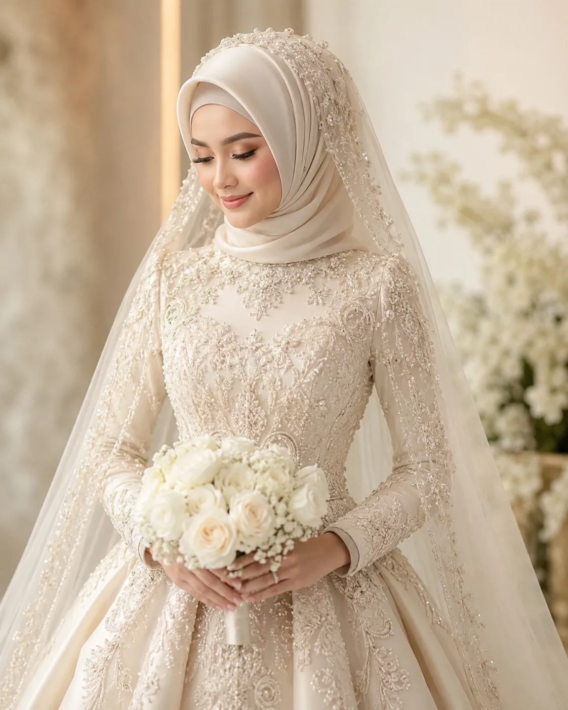A Muslim bride wearing an ivory hijab, an intricately embroidered wedding gown, and a delicate veil while holding a bouquet of white roses.