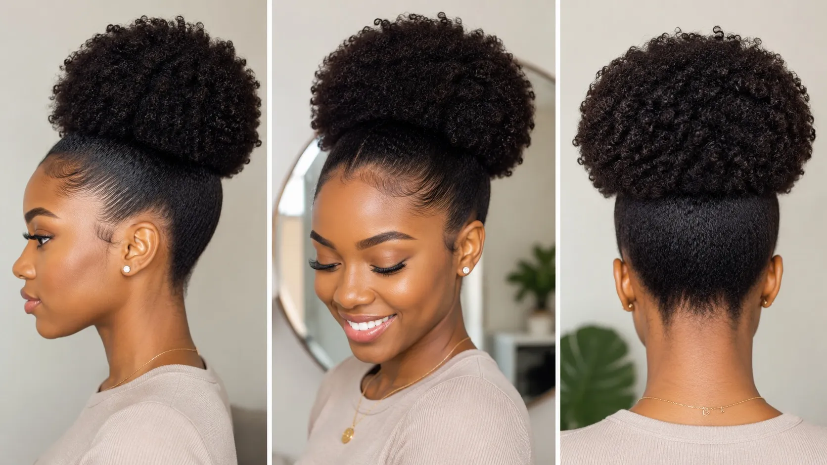 Three-view beauty portrait of a Black woman wearing a high, voluminous natural hair puff with smooth, defined edges.