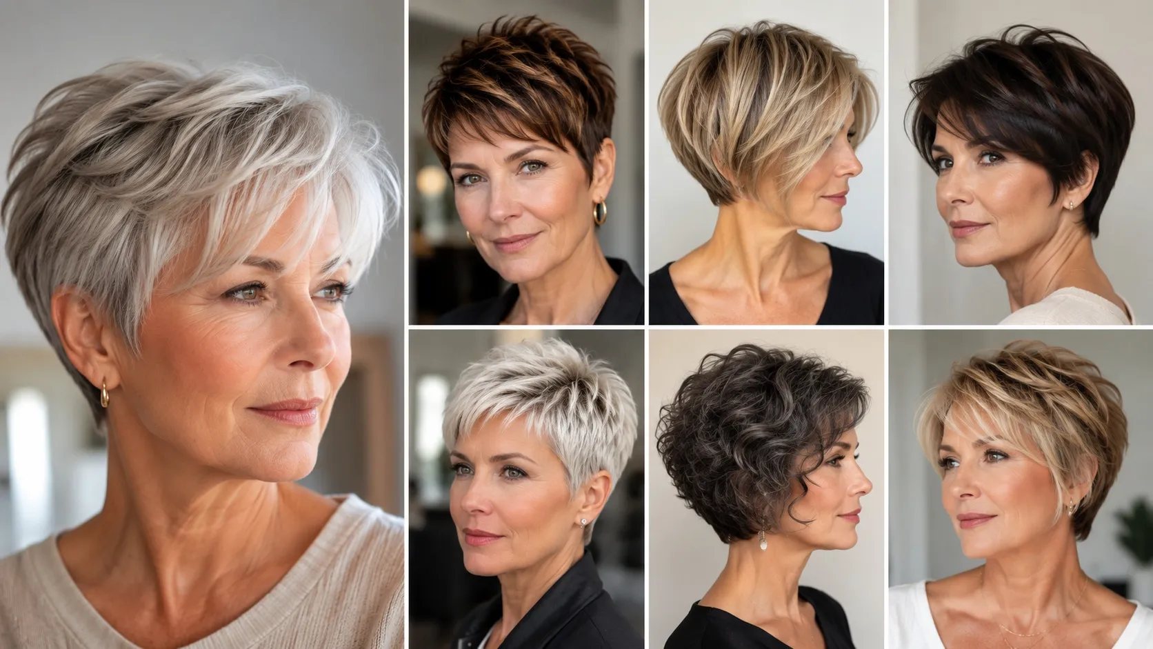 Collage of mature women showcasing stylish short hairstyles, including pixie cuts, layered bobs, and textured crops designed to add volume and complement aging hair.