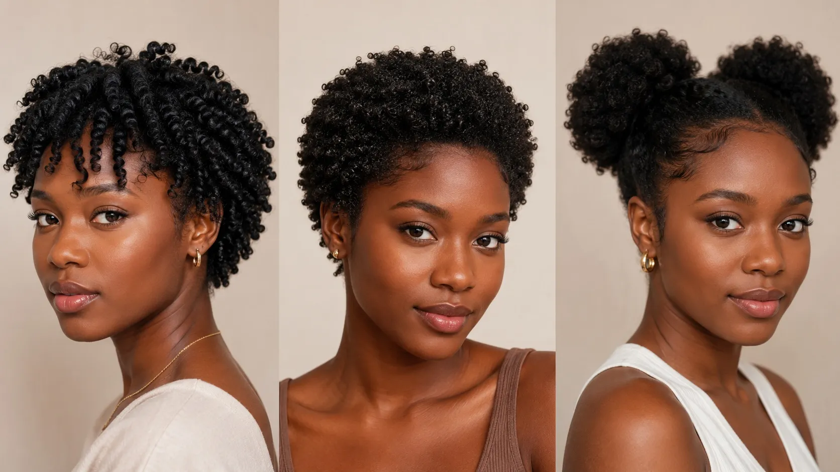 Three Black women showcasing a defined twist-out, a short wash-and-go, and classic afro puffs on natural 4C hair.