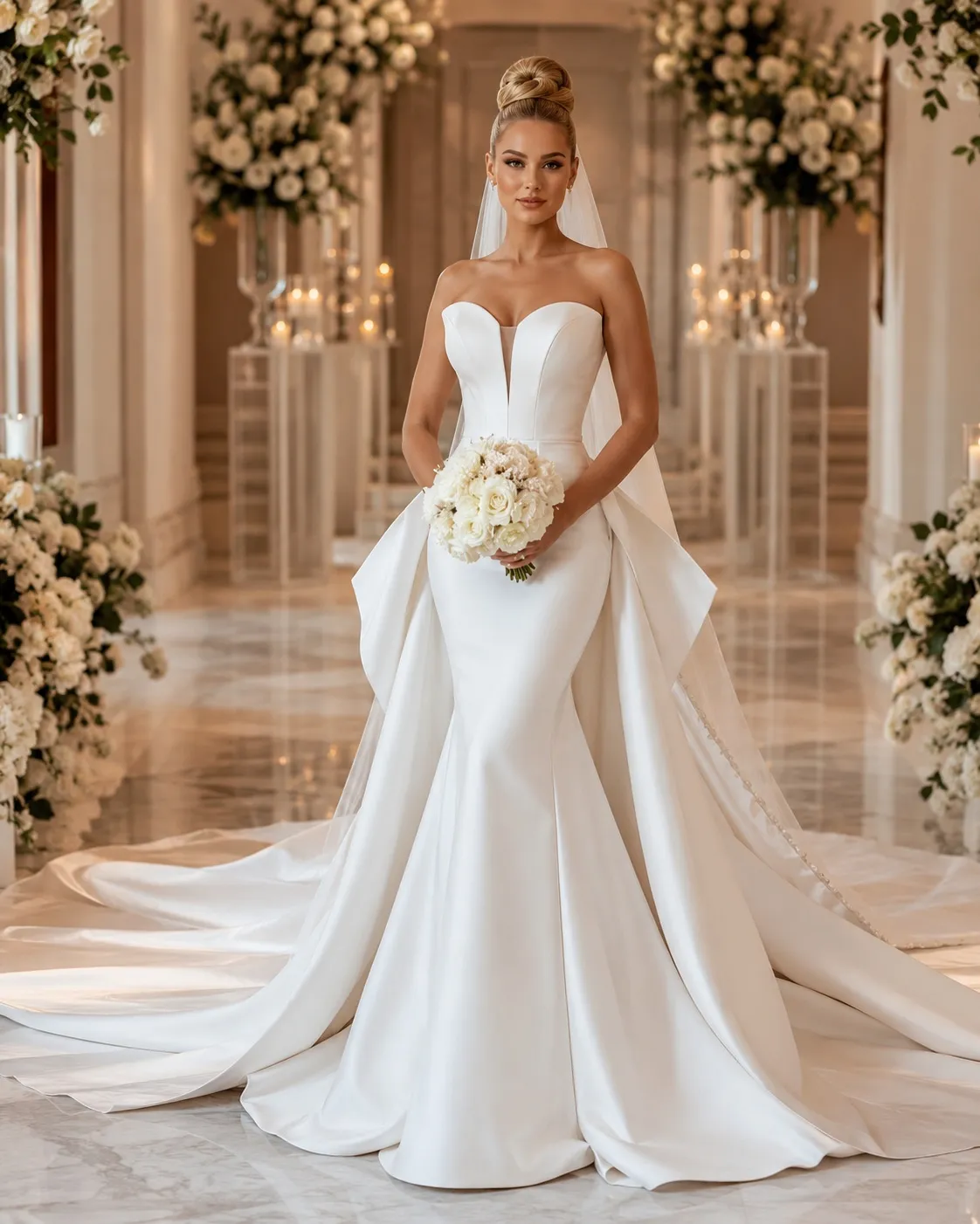 A stunning front-facing portrait of a bride showcasing a structured, sleek high top knot bun paired perfectly with a strapless sweetheart satin mermaid dress and a sweeping cathedral veil.