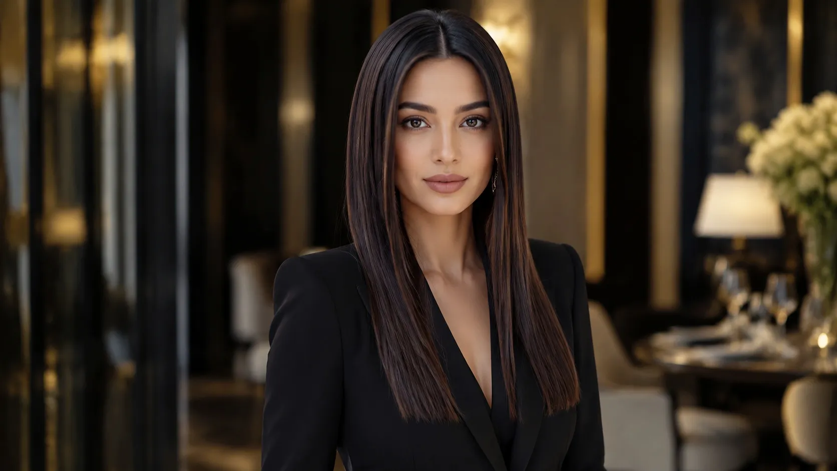 Woman with sleek straight long hair wearing a black blazer in a luxurious evening setting