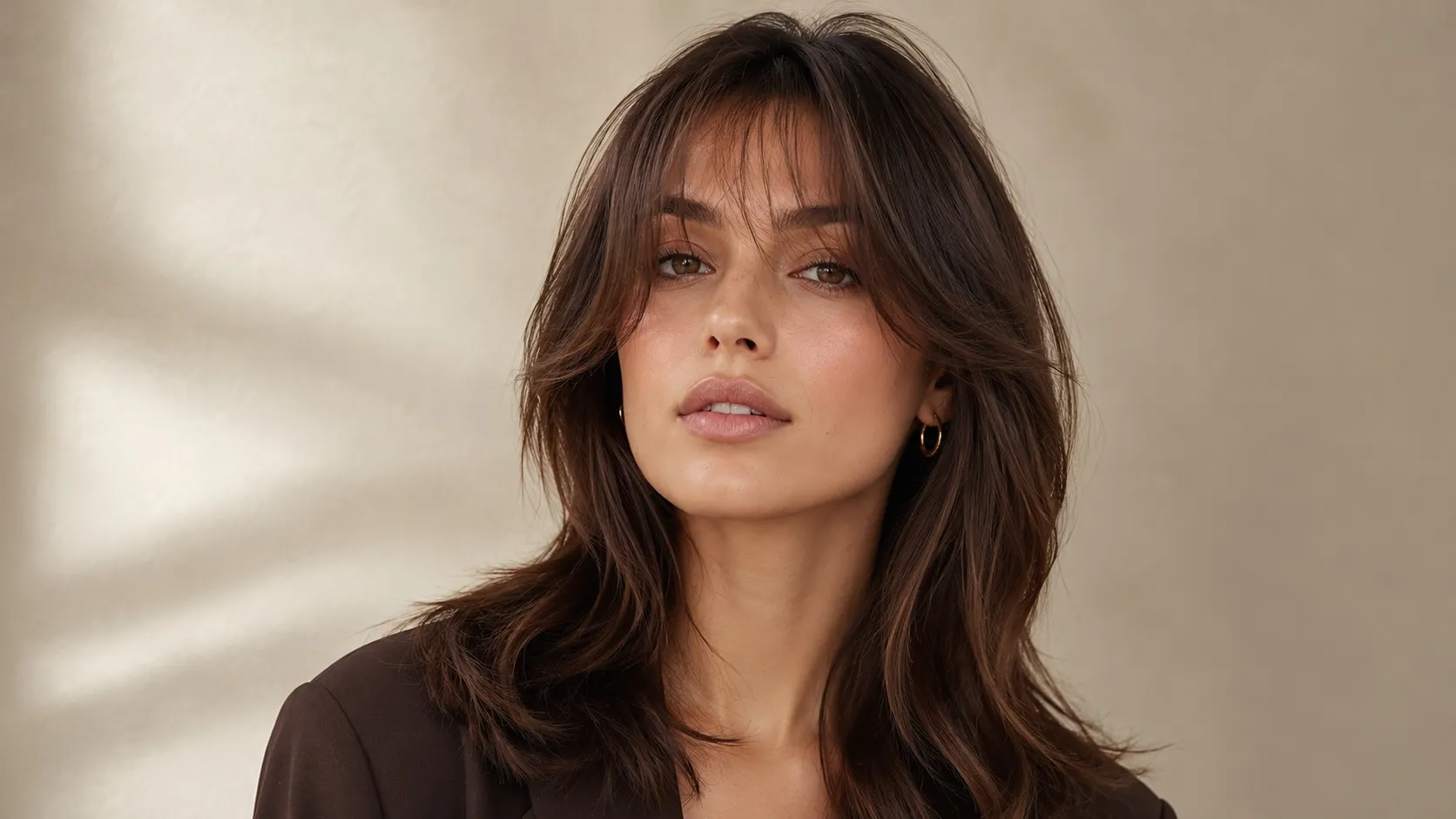 A young woman with long brown layered hair and soft, wispy curtain bangs framing her face against a neutral beige background.