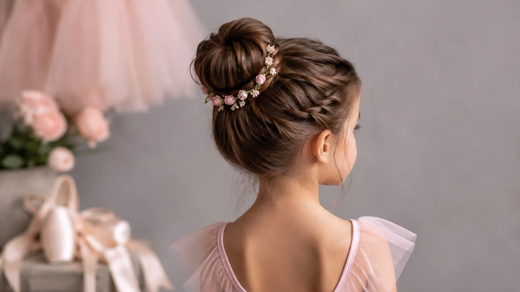 Young ballerina viewed from behind with a soft twisted bun, side twists, and a delicate pink floral garland.