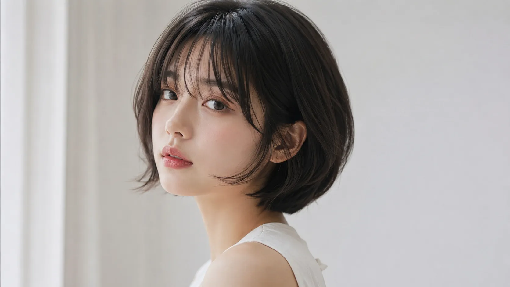 Young East Asian woman wearing a soft-textured short Korean bob with wispy see-through bangs against a bright neutral background.