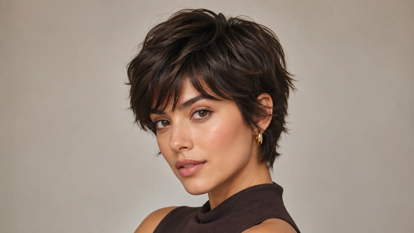 Woman with a short, dark brown uniform layered crop featuring soft bangs and textured, piece-y layers.